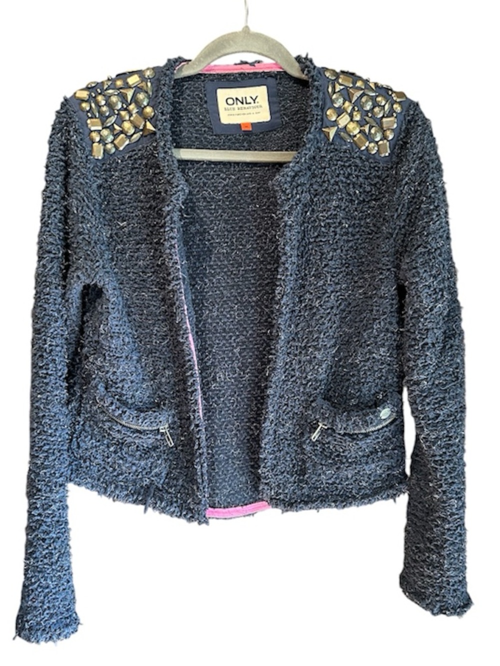 ONLY Navy Textured Bouclé Open Jacket with Pink Trim